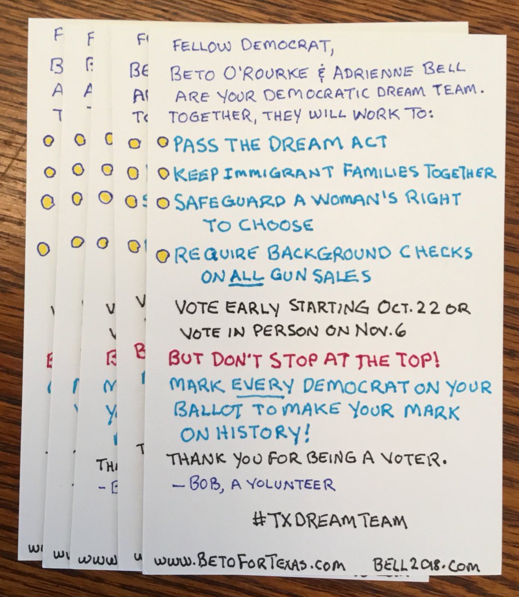 GlantzRobert's tweet photo. Five more #PostcardsToVoters ready to go for the #TexasDreamTeam of #BetoAndBell. #Betofortexas #Bell2018 #BlueWave2018 https://t.co/EiDeP65Fci