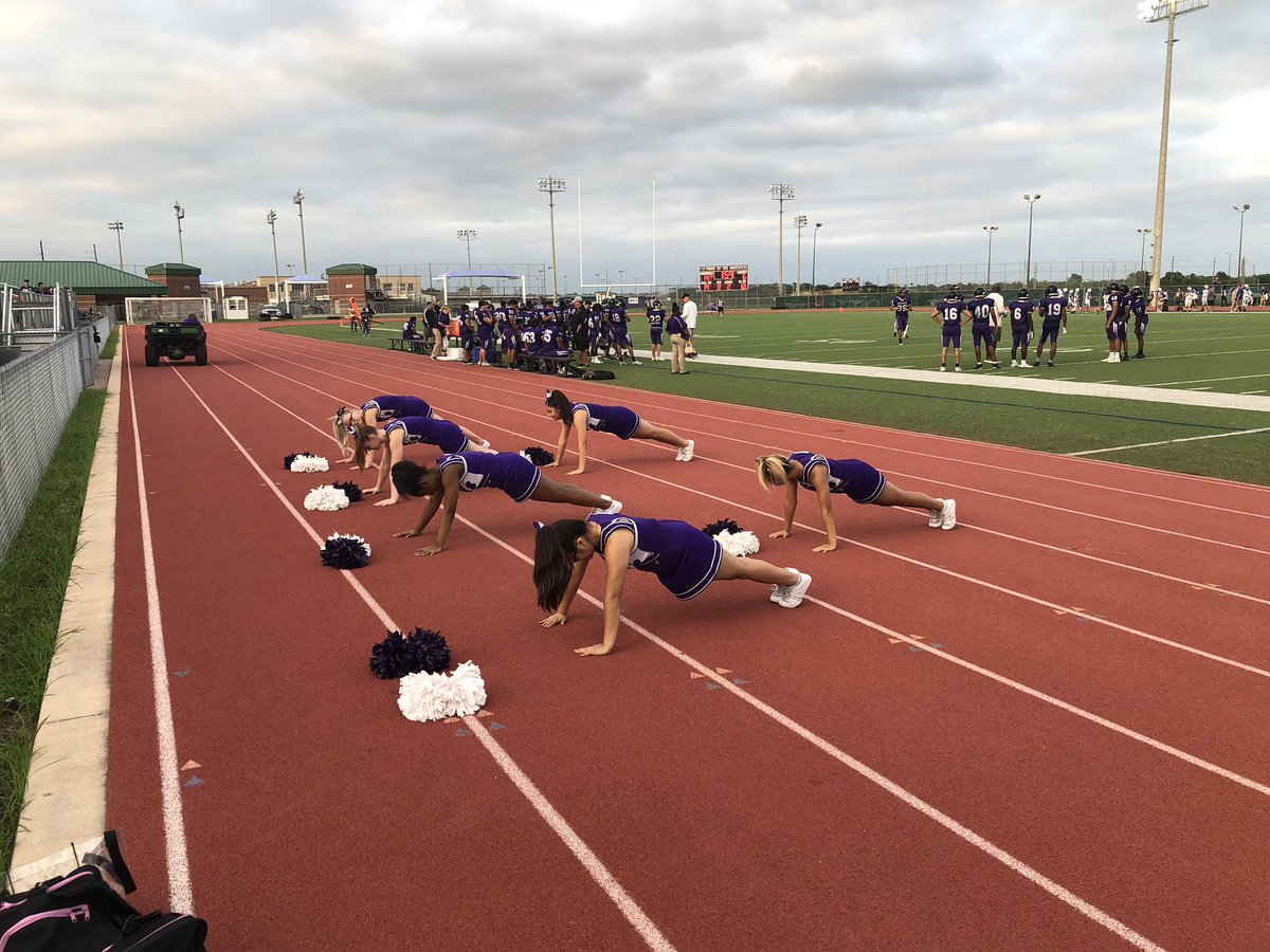 CoachRhoden's tweet photo. We do push-ups when we score!   It's a good one here at halftime of the JV game. MRHS 14 - Taylor 6. #TeamMav #mrhscheer https://t.co/6dT5LuvCuI