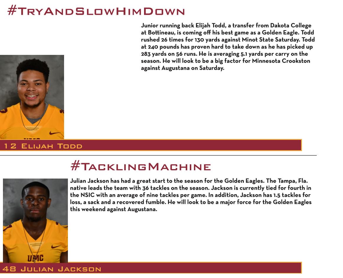 UMNCrookstonATH's tweet image. Also look for Elijah Todd to be a factor in the run game, while Julian Jackson will look to continue to be a major factor defensively as he looks to build on his impressive numbers for tackles this season #TryAndSlowHimDown #TacklingMachine