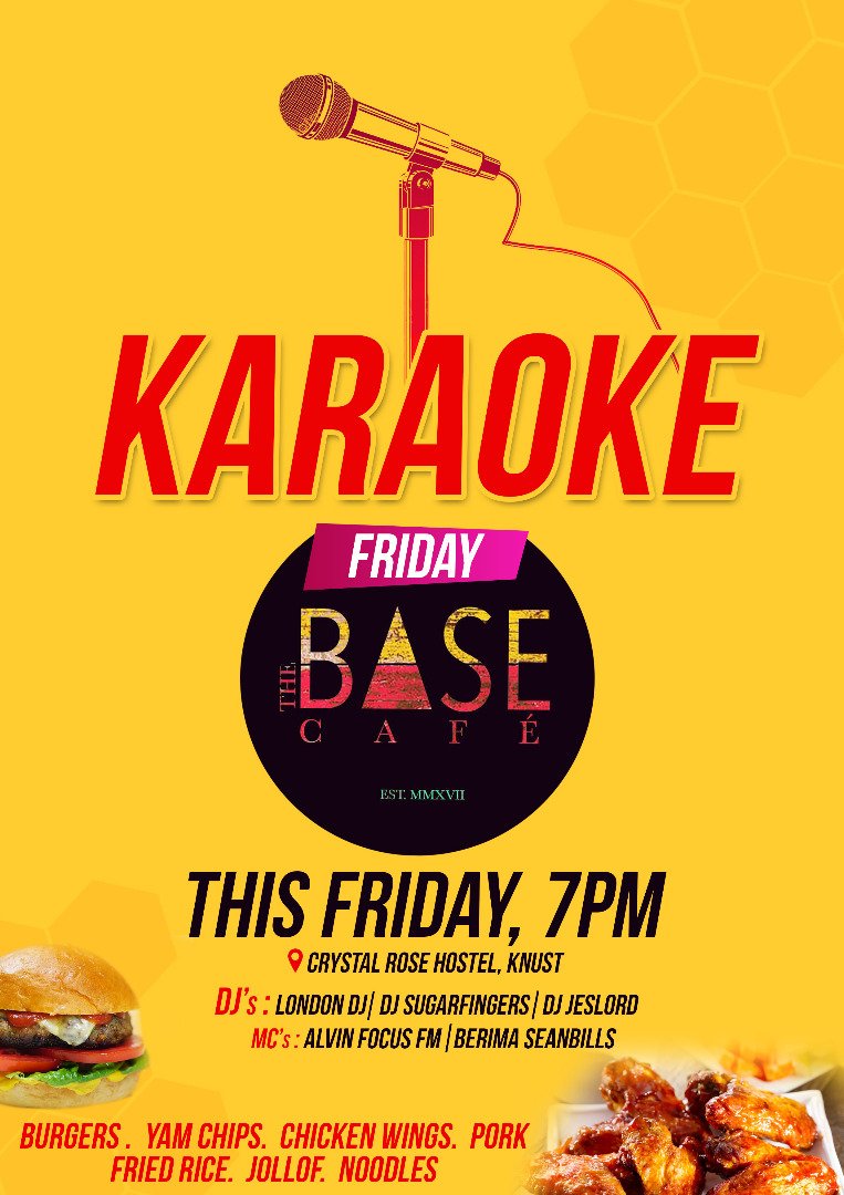 KNUST_Live's tweet photo. You know tomorrow is Friday when you see this 🎤

THE BASE CAFE

#TheBaseCafe https://t.co/mWwRgZIOyQ