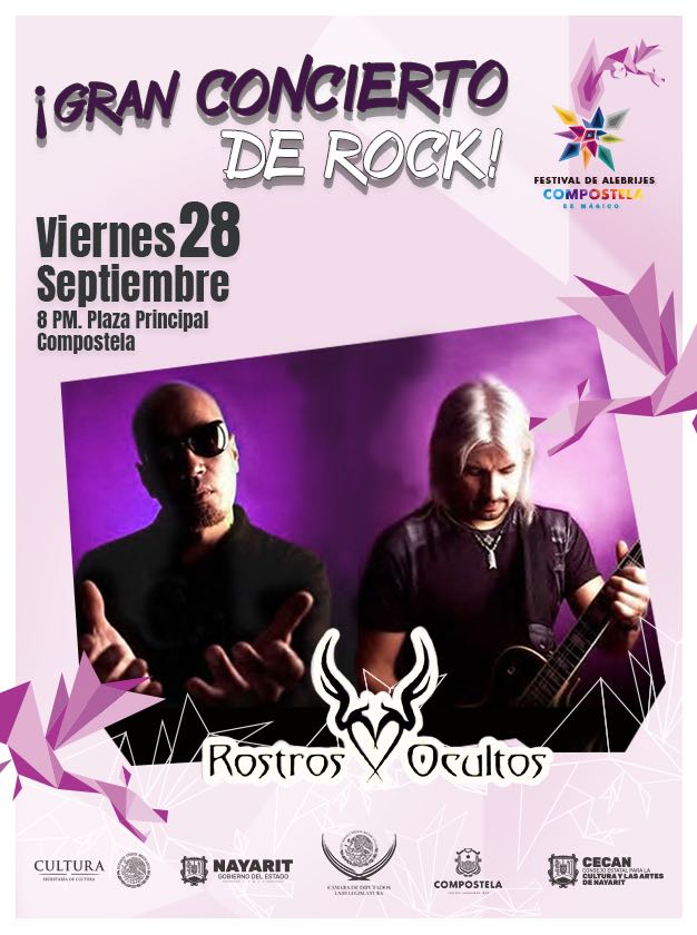 amhmguayabitos's tweet photo. Rostros Ocultos en Concierto, mañana Viernes 28 de Septiembre en la Plaza de Compostela, 20:00 PM, dentro de las actividades del Festival de Alebrijes Compostela es Mágico https://t.co/6ci90NdHBl