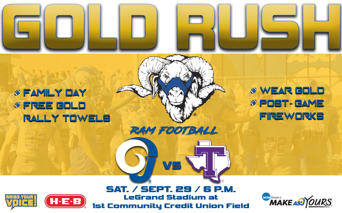 AngeloSports's tweet photo. Don't forget, Saturday's @ASURamFootball game is a GOLD OUT! https://t.co/rRr9MObcD4