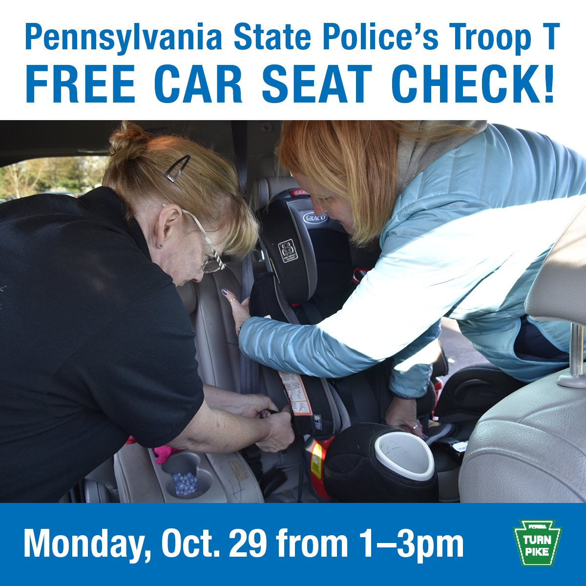 PA_Turnpike's tweet photo. Ensure your child is in the right #carseat by getting tips from https://t.co/WnPn2UAr94 and getting your child’s seat checked by @PAStatePolice on Oct. 29. Make an appointment by emailing: hreberbill@pa.gov 

#TheRightSeat @NHTSAgov #CPSWeek2018 #BuckleKidsRight #BabySafetyMonth https://t.co/e2rEjCHwyA