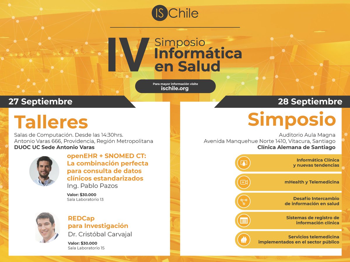 Clinicaalemana's tweet photo. ⚠️No faltes al IV Simposio Informática en Salud este 28 de septiembre ⚠️Para mayor información visita ▶️https://t.co/QvVxEdeFkk #HospitalDigital #InformaticaMedica #ISChile https://t.co/iB0ntdx44X