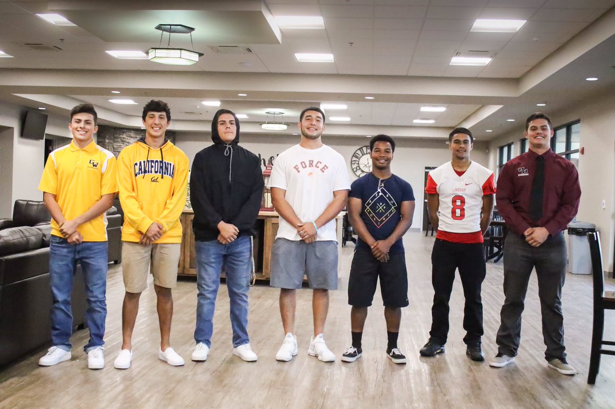 The Visalia QB Club recognized the following football players on Thursday; pictured, left to right: Joseluis Ramos (GW), Jonathan Guerra (Exeter), Edward Avalos (Woodlake), Jordan Dominguez (COS), James Richardson (Redwood), Aundrey Tapia (Lindsay) and John Banks (MW).