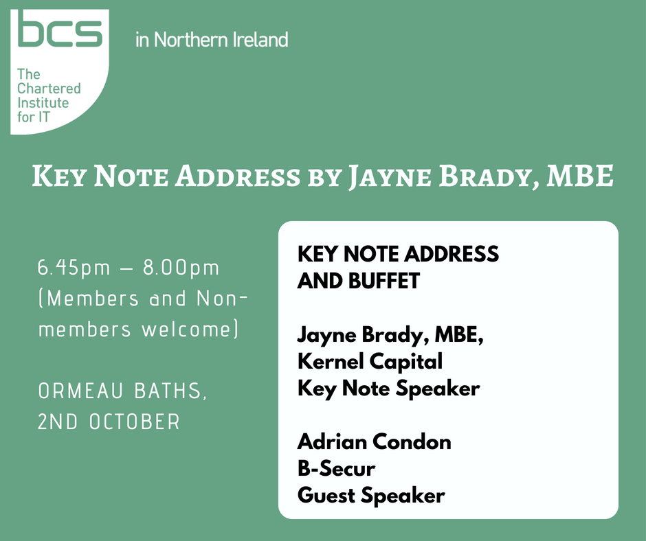 BCS_NI's tweet photo. A FREE event for everyone interested in the #TechIndustry in #NorthernIreland - a discussion by Jayne Brady, MBE.
An opportunity to network&meet people working in #computer & #technologysectors
To get tickets, please click
https://t.co/haRBlfdiDh
@BelfastHourNI #BelfastHour https://t.co/g9kts5TnXA