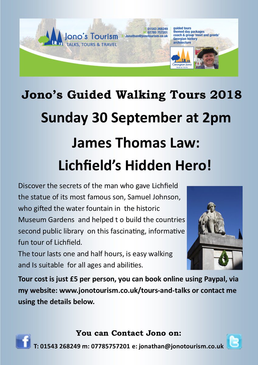 JonoTourism's tweet photo. My next walking history tour of #Lichfield is 'James Thomas Law: Lichfield's Hidden Hero'! JT Law gave Lichfield its first public library, the statue of Samuel Johnson and the water fountain in Beacon Park! Sunday 30 Sep 2pm, tickets only £5pp book at: https://t.co/iXIUMYN3Jy https://t.co/NEwevuP1Rg