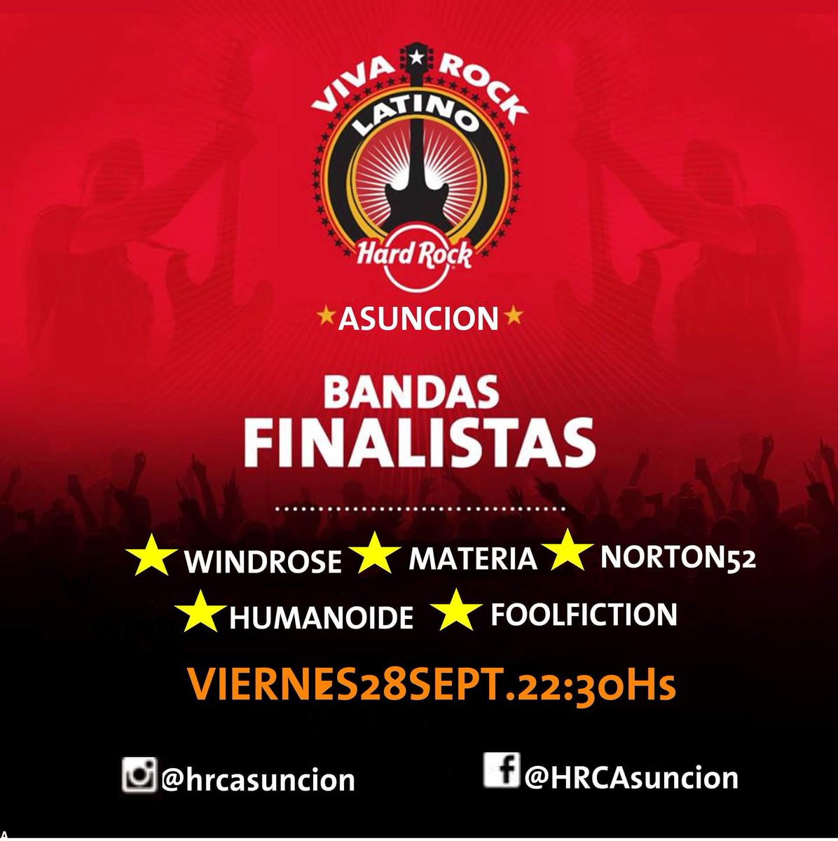 windrosepy's tweet image. ⚠️ATENCIÓN⚠️ Les esperamos a todos este VIERNES 27/09 en el Hard Rock Café. La final de la batalla de bandas el ganador respresentara a Asunción en una competencia Latinoamericana. Le esperamos a TODOS!!! 🎶🎸 #wr🌹