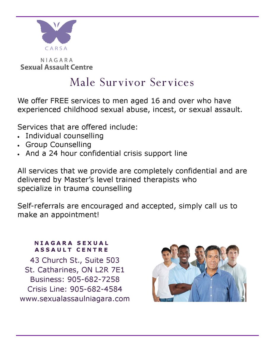 LifetimeLC's tweet photo. CARSA Niagara Sexual Assault Centre - offering FREE services to men aged 16+ who have experienced childhood sexual abuse, incest, or sexual assault.  
Simply call to make an appointment!  
Business: 905-682-7258 
Crisis Line: 905-682-4584 
https://t.co/j0zx95qzVC https://t.co/JhPKAOFuJp