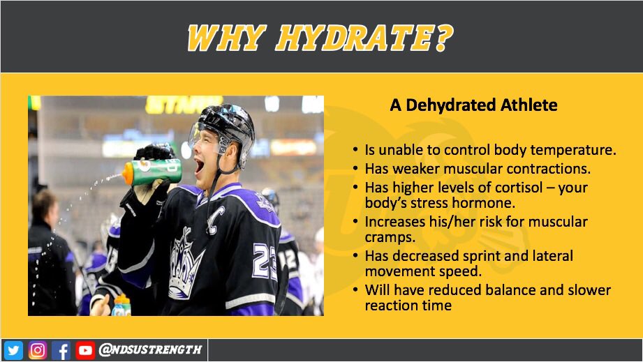 NDSUstrength's tweet photo. It can’t be stressed enough how essential hydration is for athletic performance. Here’s a look at some guidelines for adequate hydration and the differences between a hydrated and dehydrated athlete. #NDSUStrength https://t.co/iSkjlzgmLO