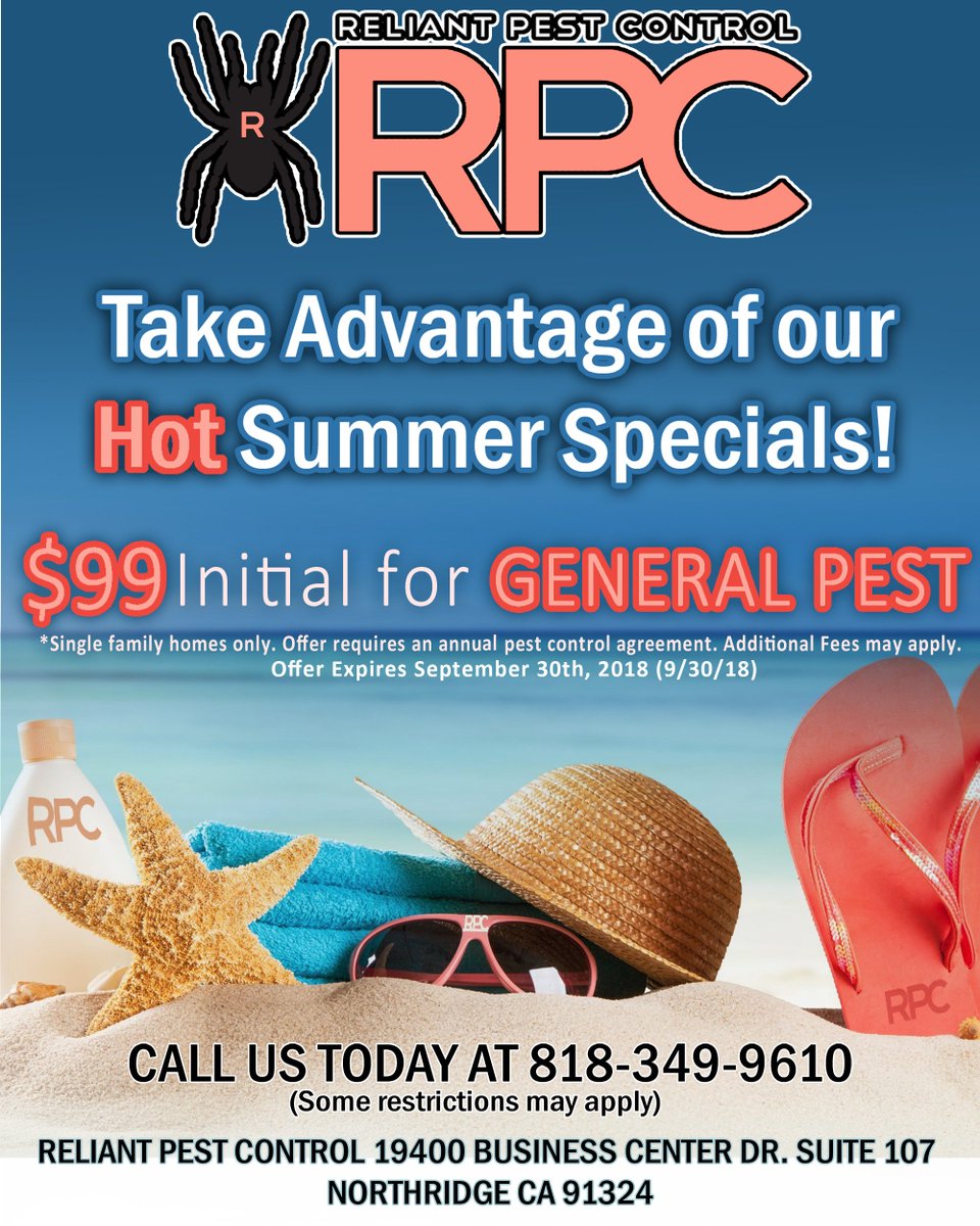 MyReliantPC's tweet photo. We have some special plans that we will announce next week for you guys!  In the mean time we encourage you to tell your friends and family about  SAVING OVER $100 on Pest Control this week with our $99 SUMMER SPECIAL. CALL US AT 818-349-9610 for a FREE INSPECTION! https://t.co/CwuKEn6FRy