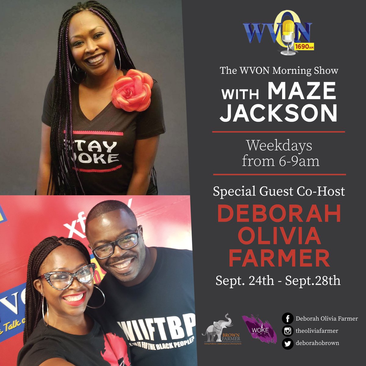 Have you tuned in to The <a href="/WVON1690/">WVON 1690AM</a> Morning Show this week? Our Founder, <a href="/deborahobrown/">oliviafarmer</a>, is co-hosting with <a href="/mazjac/">Maze Jackson</a> all week long! Today's discussion covered early voting, movies, and more: facebook.com/mazejacksonpag…