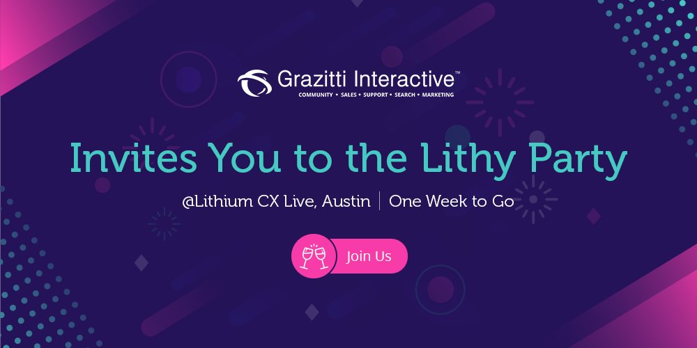 Grazitti's tweet photo. Lithium #CXLive in Austin, TX is just around the corner! If you are attending, don’t miss the #Lithy Party that we are sponsoring. It’s going to be all about cocktails, awards, and glam. 👉 https://t.co/ArBDIVEwT6 👈 @LithiumTech https://t.co/WaOLl3IjPW