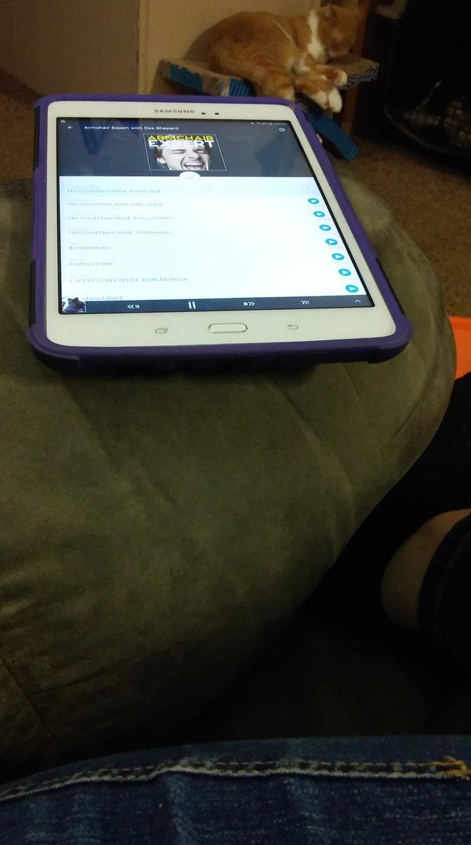 Berbie239's tweet photo. @daxshepard Listening to the @ArmchairExpPod with my podcast sound device (my tablet, whatever) on an armchair. Also, I freaking love your wife @IMKristenBell . ❤ https://t.co/hfBLJRWTEs
