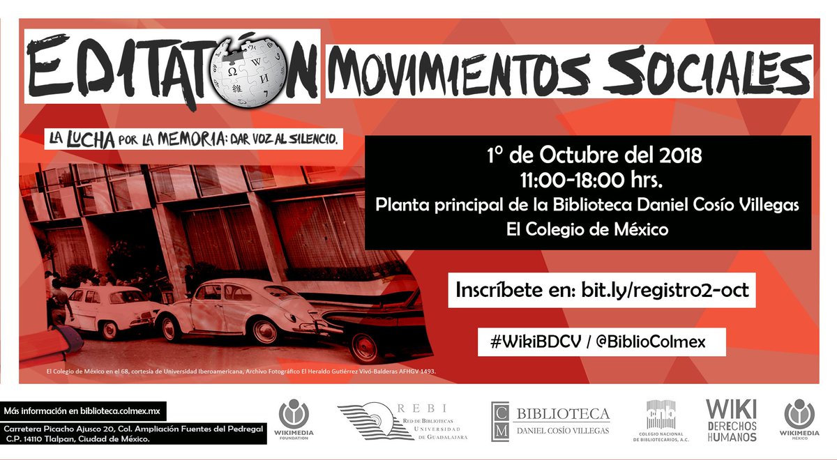 aidee_condoblee's tweet photo. Este lunes 1ero de octubre @BiblioColmex y @USB_REBIUdeG mejoraremos las entradas en #Wikipedia sobre Movimientos Sociales y el #M68.
¡No se lo pierdan!
Registro: https://t.co/tNh9192A4M
#WikiM68 #WikiBDCV https://t.co/JJr2k48c3n
