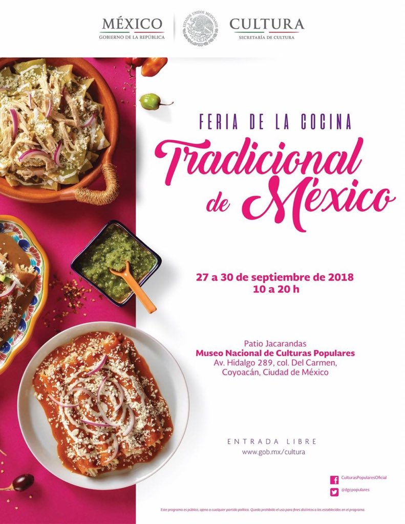 Feria de la Cocina Tradicional de México, 27 a 30 de septiembre de 2018, 10 a 20 h.
Patio Jacarandas, Culturas Populares Secretaría de Cultura, Av. Hidalgo 289, colonia Del Carmen, Coyoacán, Ciudad de México.
