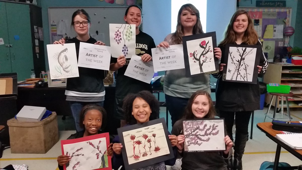 ARTrcms's tweet photo. Japanese Sumi-e style Paining is a style of art based on the essence of nature stylized with ink and bamboo brushes. Students learned this art style through teacher demonstrations as well as packet examples of various nature themes. Paintings displayed -see Artist of the Week cas https://t.co/ZO6mjpaqJJ