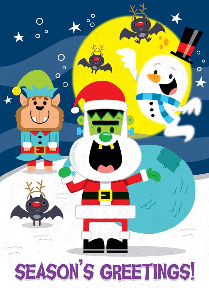 knowble1233's tweet photo. HALLOWEEN CHRISTMAS GREETING CARD #illustration #characterdesign #greetingcards #halloween #christmas #frankenstein #bats #werewolf #elf #santaclaus #ghost #snowman #kidslitart #millertoons https://t.co/aYN1U8jNgb