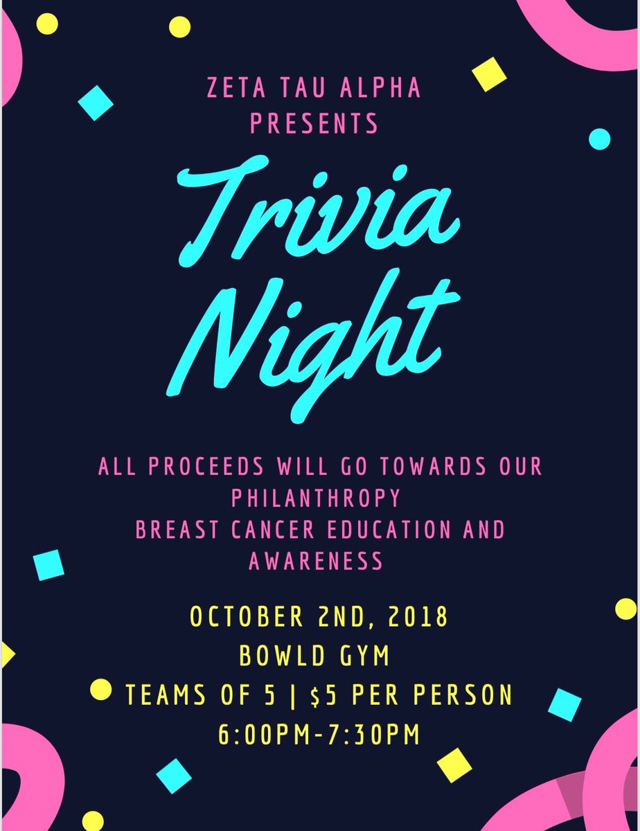 UUSGA's tweet photo. The Ladies of Zeta Tau Alpha are hosting their annual Think Pink Week starting next Monday! Head to the Bowld gym on Tuesday night to participate in trivia night! Then on Thursday night grab some chili and show your support for Breast Cancer Education and Awareness! https://t.co/c3GxTbhuiJ