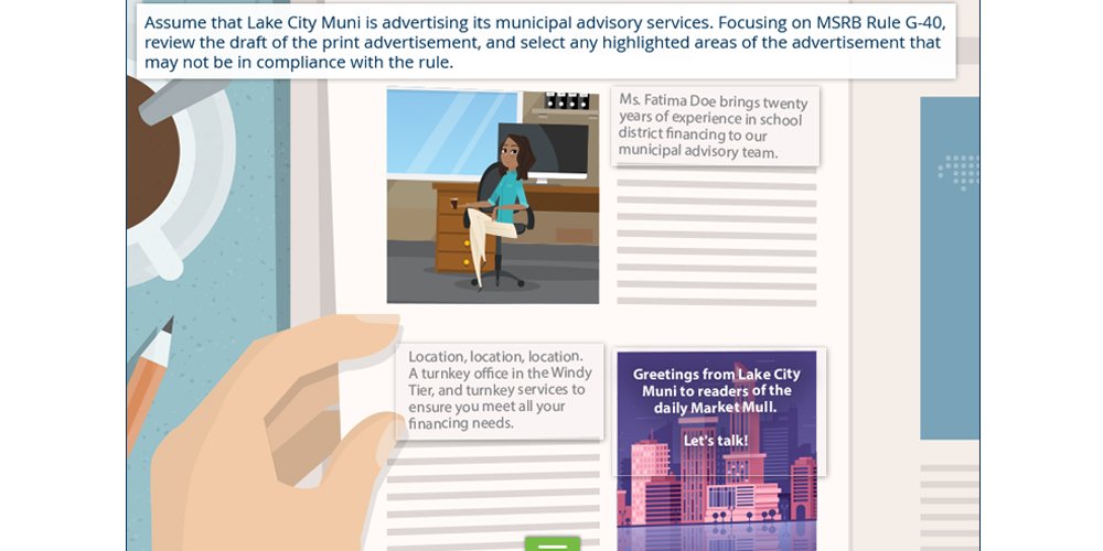 MSRB_News's tweet photo. Municipal advisors: get up to speed on advertising requirements. Take the MSRB’s new online MuniEdPro® course on Rule G-40, effective February 2019 #muniland https://t.co/JYNH6jnk63 https://t.co/5rtY9891rS
