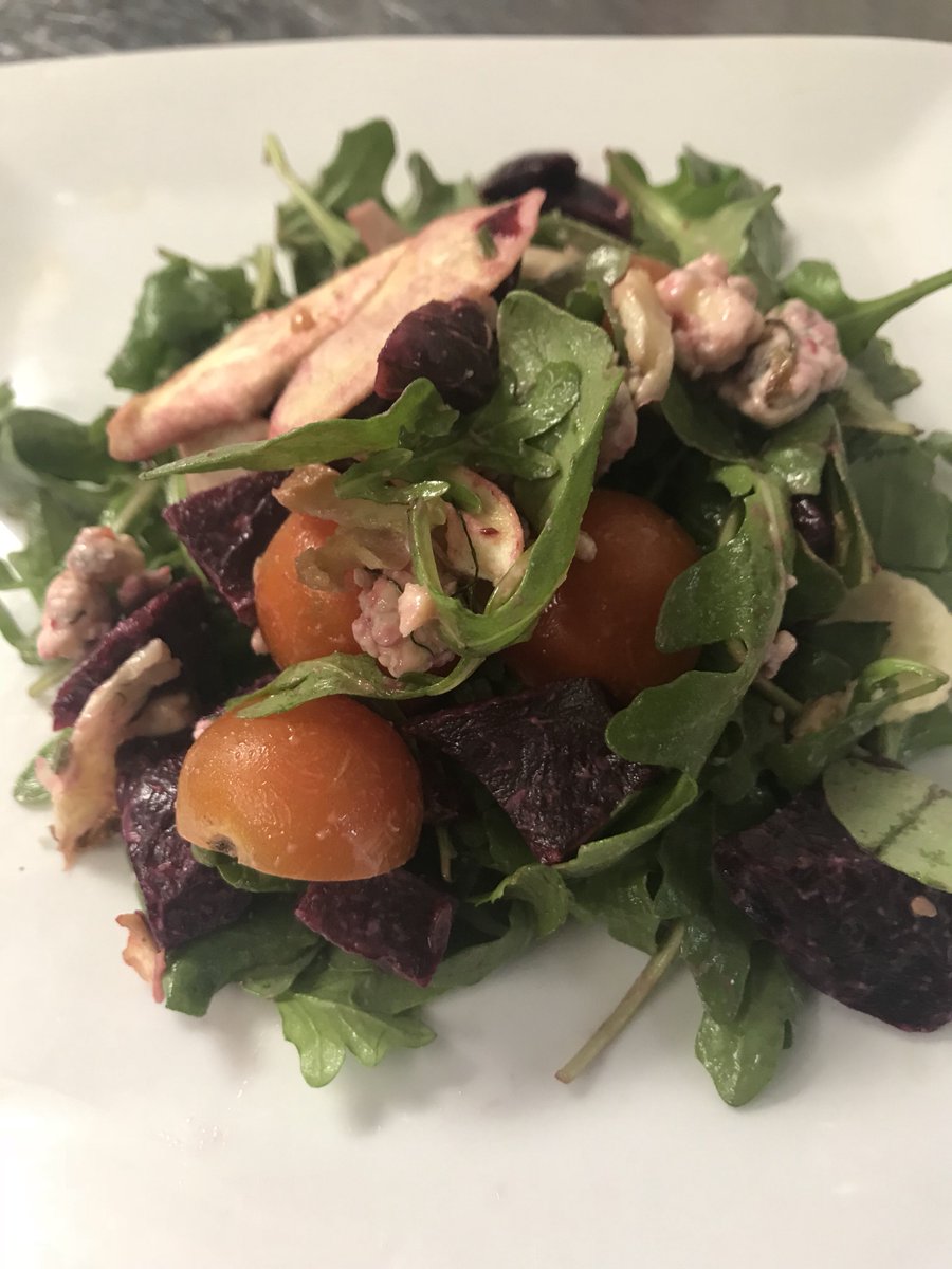 Smoked beet salad with roasted fennel, cherry tomatoes, dried apples, blue cheese, and Mission fig vinaigrette.