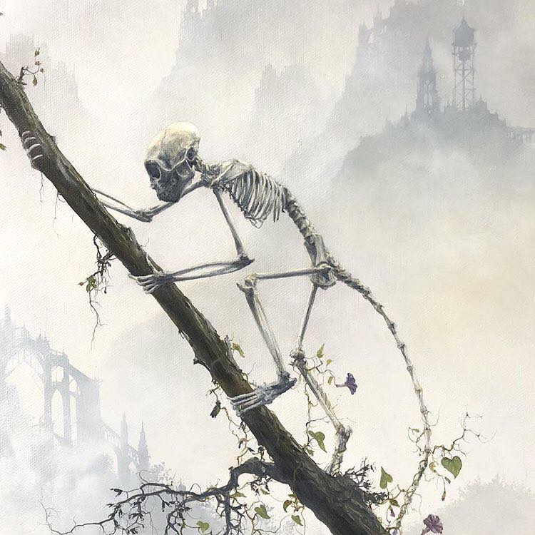 WOW Brian Mashburn's paintings blow me away with their detailed foregrounds and subtle complex backgrounds! WIP for the 13th Hour exhibition at <a href="/LRgallery/">Last Rites Gallery</a>  

#beautifulbizarremagazine #brianmashburn #lastrites #skeleton #bones #painting #oilpainting