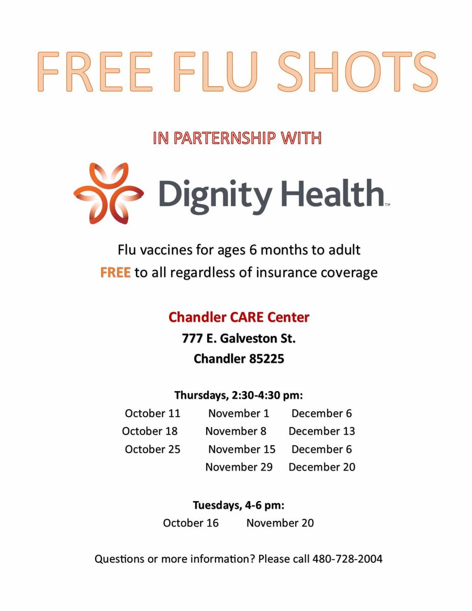 ChandlerCARECtr's tweet photo. Free flu shots are back at the CARE Center beginning October 11th. Check out our flyer for details! @ChandlerUnified https://t.co/o3MT8H50yo