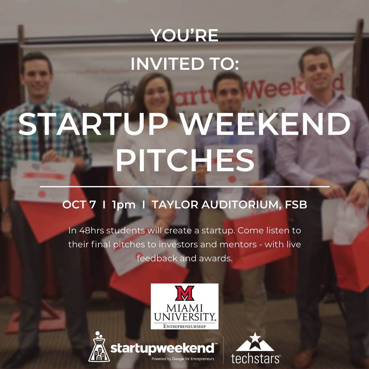 TimRayHolcomb's tweet photo. @MiamiUniversity and @MiamiU_ENT invite @MiamiAlum @StartupCincy to join us for final pitches of @Techstars Startup Weekend Miami on Sunday October 7th beginning at 1 pm in Taylor Auditorium in the @FarmerSchoolMU #LoveandHonor #SWMU #StartupWeekend #startup #creativity https://t.co/J7ZzMmrp9N