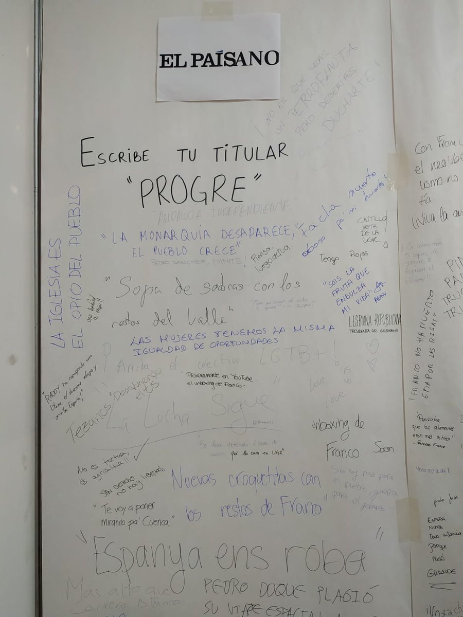 aupoliteia's tweet photo. Cosas tan interesante s como estas nos han dejado lxs estudiantes de la @CanalUGR en nuestra prensa ficticia "QUE TITULAR PUBLICARIAS EN LA PRENSA"
#jjrr18 #granada https://t.co/H85Q8h2eJo