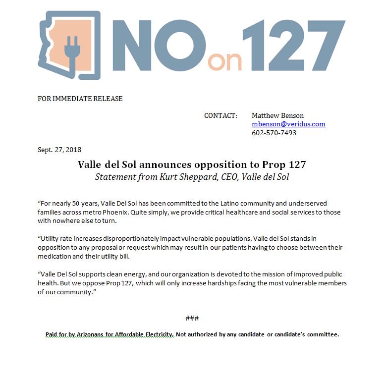 NoAZenergyTax's tweet image. .@ValledelSolAZ , a leading provider of healthcare/social services for the poor in metro Phoenix, announces its opposition to Prop 127:

"We oppose Prop 127, which will only increase hardships facing the most vulnerable members of our community.”
#NoOn127