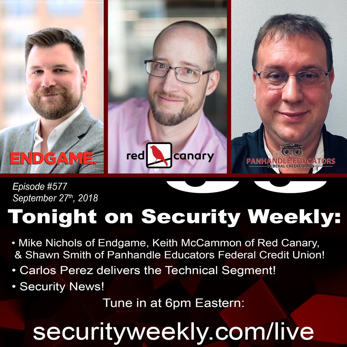 securityweekly's tweet photo. Tonight on #SecurityWeekly, we welcome @hmikenichols of @EndgameInc, @kwm of @redcanaryco, & @Techno_Rave1911! @Carlos_Perezdelivers the #TechnicalSegment on #SysMon, & we wrap the show with the #SecurityNews!! Watch it LIVE at 6:00 p.m. EST @ https://t.co/Yn8p3pKwRO https://t.co/yZAAqXLK4I