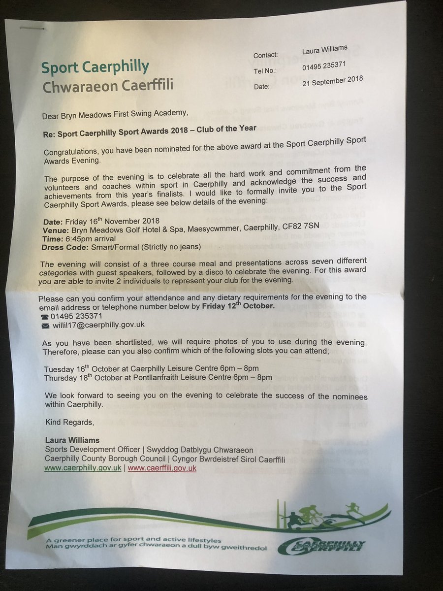 Proud to be nominated as <a href="/sport_leisure/">Sport & Leisure Caerphilly</a>  club of the year for 2018. Looking forward to attending the dinner <a href="/BrynMeadows/">Bryn Meadows</a> with <a href="/Roberto2Rossi/">Roberto Rossi</a>  <a href="/KatyKatyedwards/">Katy Edwards</a> &amp; @TashaGobey in November #teambrynmeadows #teamfirstswing #loveourworkplace #bestteamingolf