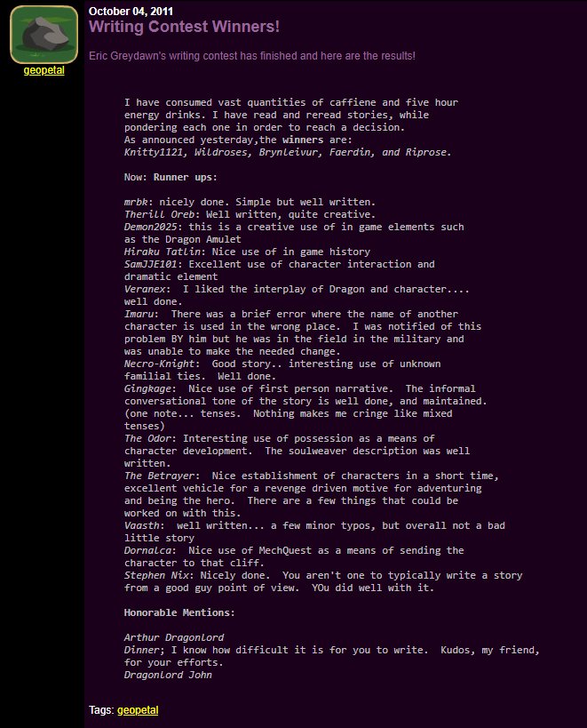 Faerdin_AE's tweet photo. About six years, eleven months, and twenty three days ago, I entered a contest in the #DragonFable Forums that reignited my passion for writing. It's so weird looking back on it after all this time. https://t.co/vTGR1hpUiO