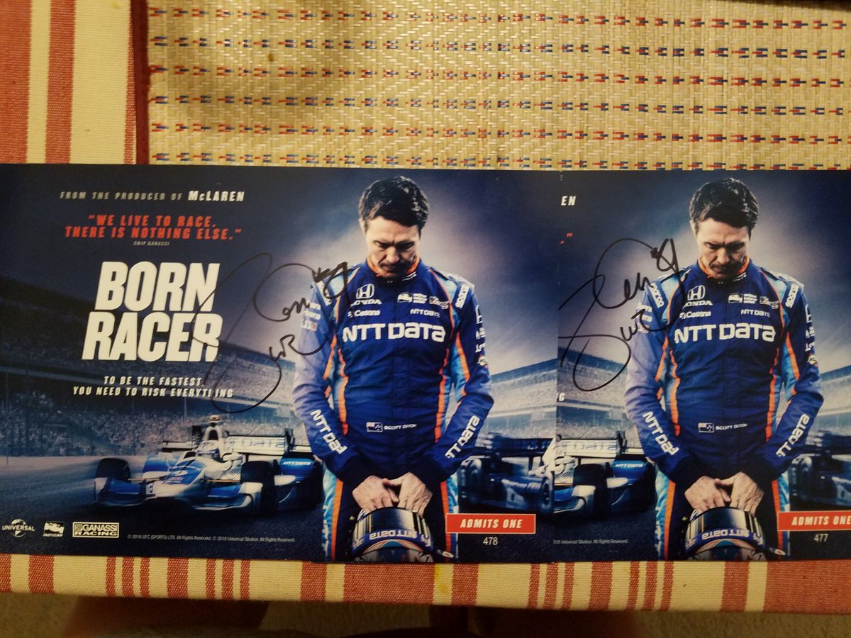 neckthai's tweet photo. In honor of the release of @bornracermovie, I asked @scottdixon9 to sign my tickets from this week's premiere event. If you'd like one, RT this and I will select two winners on Oct. 2 when you can get the film on DVD or digital download. #IndyCar https://t.co/UujKsvQ7Vq