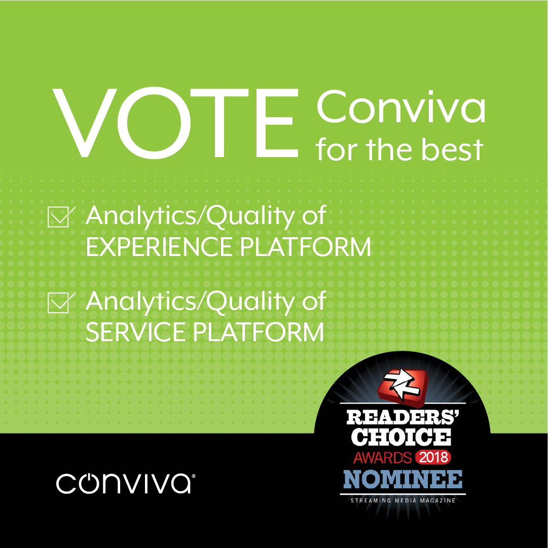 BillDemas's tweet photo. If you haven't voted yet, now's your chance! @Conviva is nominated in the @streamingmedia #RCAwards for best #QualityofExperience and #Analytics platform! Votes are appreciated: https://t.co/cpkrXqlwZp https://t.co/6iffzs3I5J