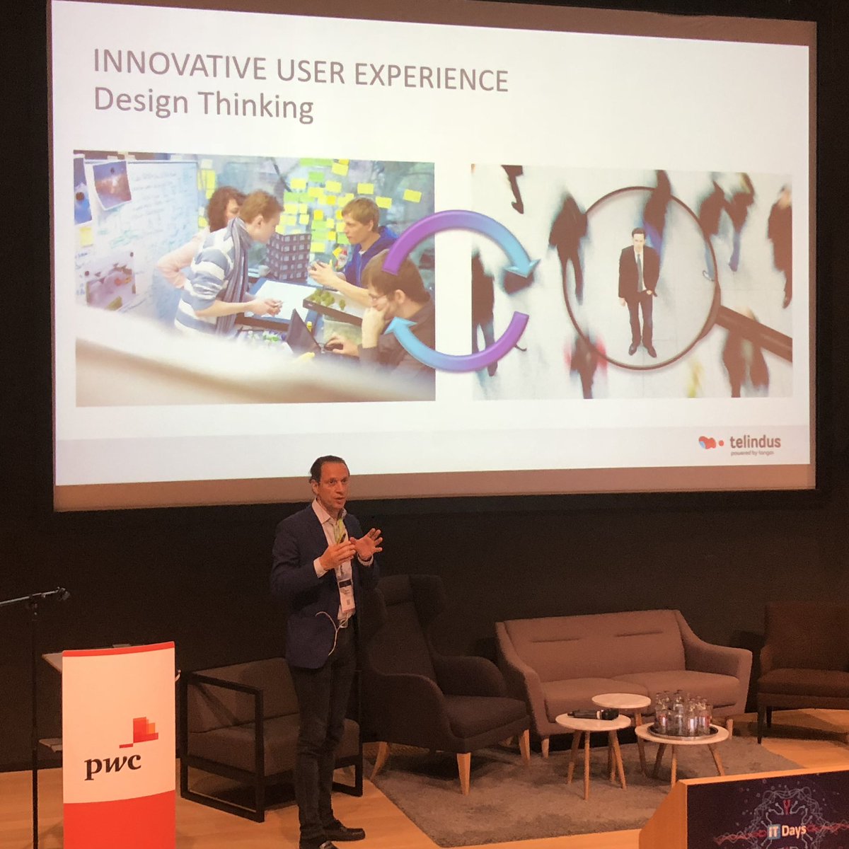 koen_'s tweet photo. Dynamic keynote of Frank Roessig : How to get 
Innovative #userexperience: 
Let the user have fun with your service! Implement a
#designthinking
#agile
#holistic 
#ROI approach  @Telindustelecom @itdays @PwC_Luxembourg https://t.co/BJUb5Bdz8w