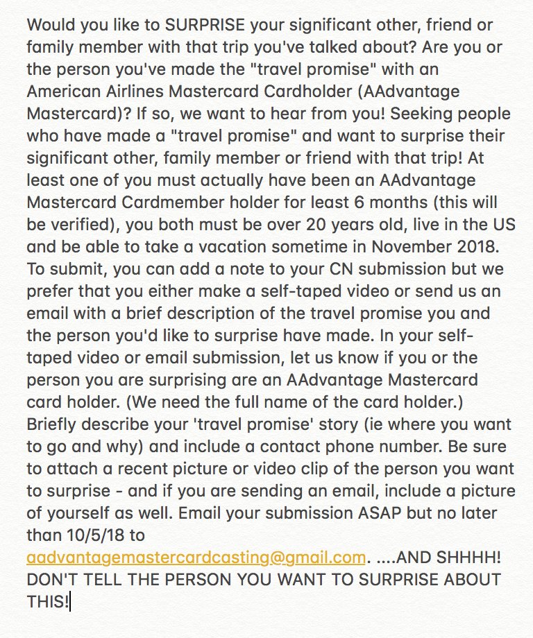 OnBoardFilm's tweet photo. To all of our travel friends who are AA Mastercard holders- Would you like to SURPRISE your significant other, friend or family member with that trip you've talked about?  READ ATTACHED and GOOD LUCK!!! @americanairlnes https://t.co/JqLeCBl0Z0