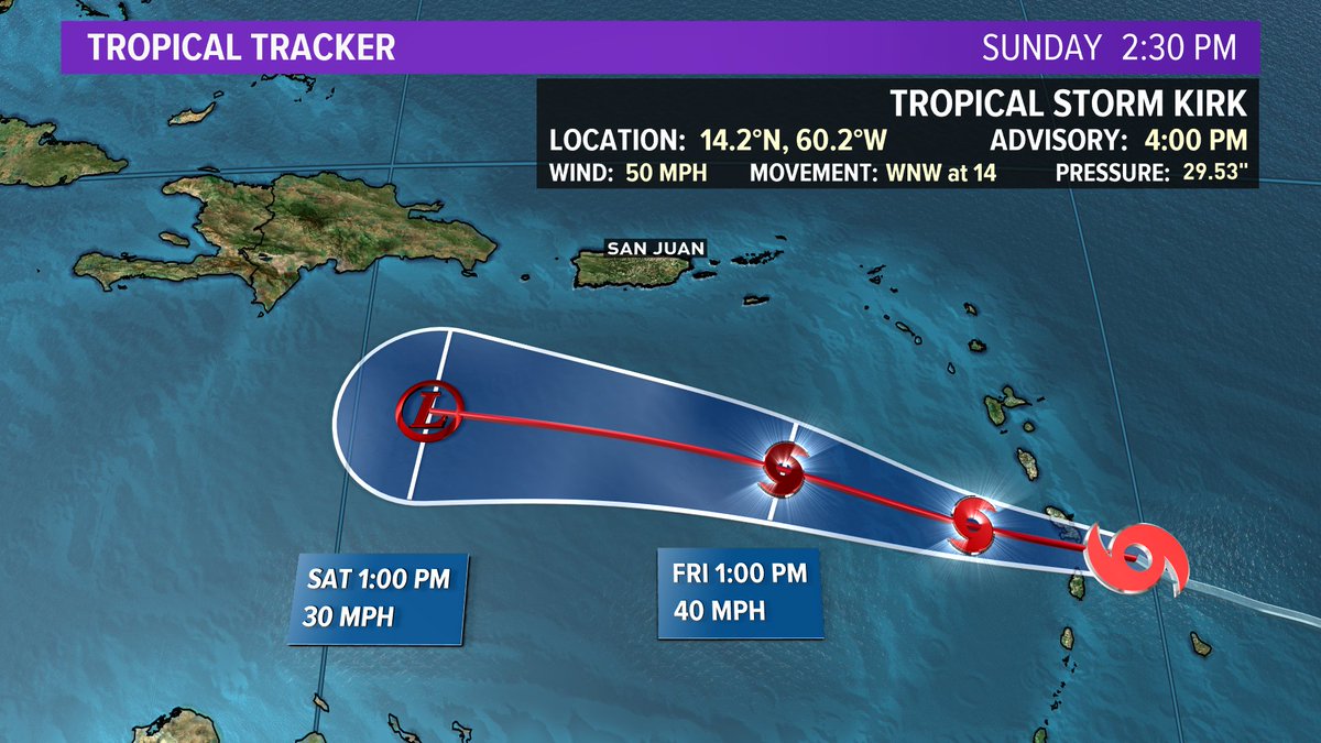 CraigMoellerTV's tweet photo. Still watching #TSKirk as it crosses the Lesser Antilles.  It is expected to weaken over the coming days. https://t.co/45CBTixajL