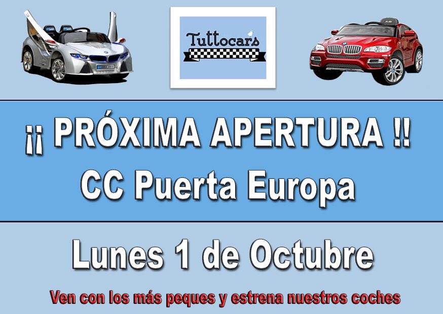 Tuttocars_CA's tweet photo. ¡PRÓXIMA APERTURA! A partir del próximo lunes 1 de octubre podréis disfrutar de un nuevo establecimiento Tuttocars en Cádiz en Algeciras en @ccpuertaeuropa ¡Ven y pásalo en grande con los más peques de la familia y nuestros increíbles vehículos! 🚙🚗🚓🏍 #CCPuertaEuropa #Ocio https://t.co/qwi3xbBpRl