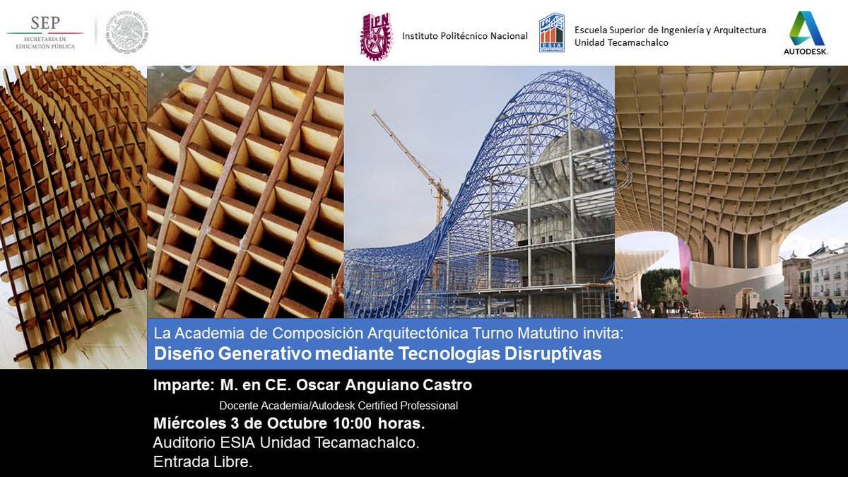 ADD_estudio's tweet photo. El próximo miércoles 3 de octubre, conferencia de Diseño Generativo mediante tecnologías disruptivas, imparte @ANGUIANOARQ en la @ipn_esiatec @IPN_MX @DynamoBIM @AutodeskAEC @AutodeskRevit , Entrada libre, auditorio principal. https://t.co/cXHbU326Wz