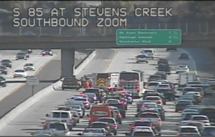 KCBSAMFMTraffic's tweet photo. Special #KCBSRadioTraffic Alert: #Cupertino - Hwy 85 SB after Stevens Creek Blvd, a crash between a motorcycle and car has the 2-left lanes and center divide blocked. #SanJose #LosGatos https://t.co/SXa39WZMQ8