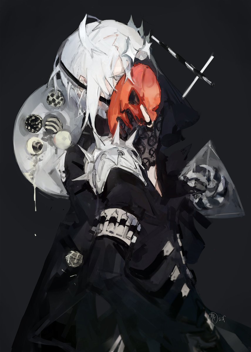 solo mask skull white hair holding holding skull black background  illustration images