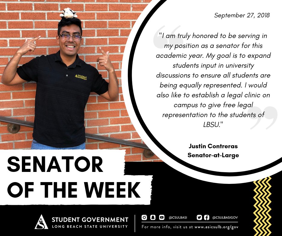 csulbasigov's tweet photo. Congratulations to our new #SenatorOfTheWeek, Justin Contreras! Find out what he hopes to accomplish this year below. 🗯️ #MyASIGov https://t.co/pZpLriKMvC