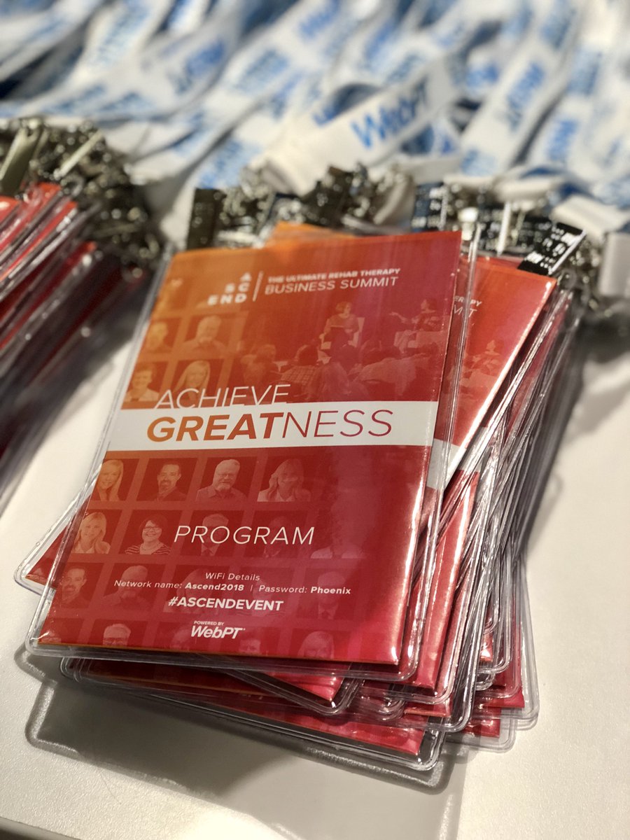 AscendEvent's tweet photo. Ready to #achievegreatness at the @WebPT #AscentEvent 2018? We're locked and loaded with lanyards, local guides, and programs for everyone attending our happy hour today at 4 PM MST! https://t.co/vAgIMw2rYt