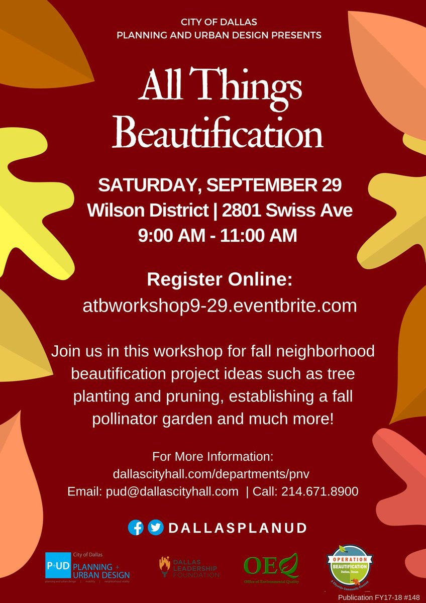GreenDallas's tweet photo. Register today for this free workshop to learn about #OperationBeautification and how to beautify your own yard. See you Sat, Sept 29 at 9am! https://t.co/gm6zgDGtEi