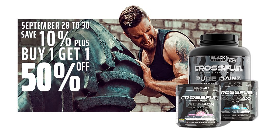 GNCCanada's tweet photo. September 28th to 30th: Save 10% PLUS BUY ONE, GET ONE 50% OFF - MIX & MATCH your favourite @CrossfuelPure products! Find a store near you: https://t.co/uoz2EtVpuP
•
#gnccanada #fitness #crossfuelpureperformance #crossfuel #crossfuelblack #attackwithblack https://t.co/PAYj5oLgEQ