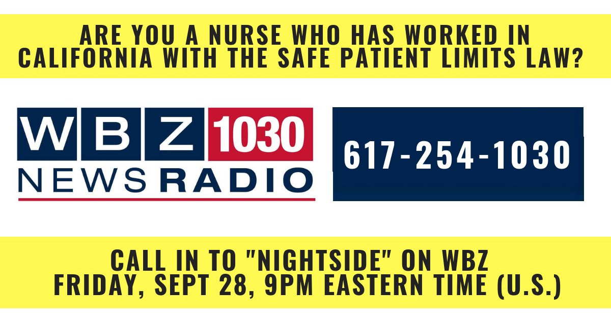 CalNurses's tweet image. Nurses who have worked in California with safe patient limits- we need YOU to call in to share your experience of how well ratios work!

This Friday, 9/28 @MassNurses will be on “NightSide” to advocate for #SafePatientLimits and urge Massachusetts to vote #YESon1 in November.