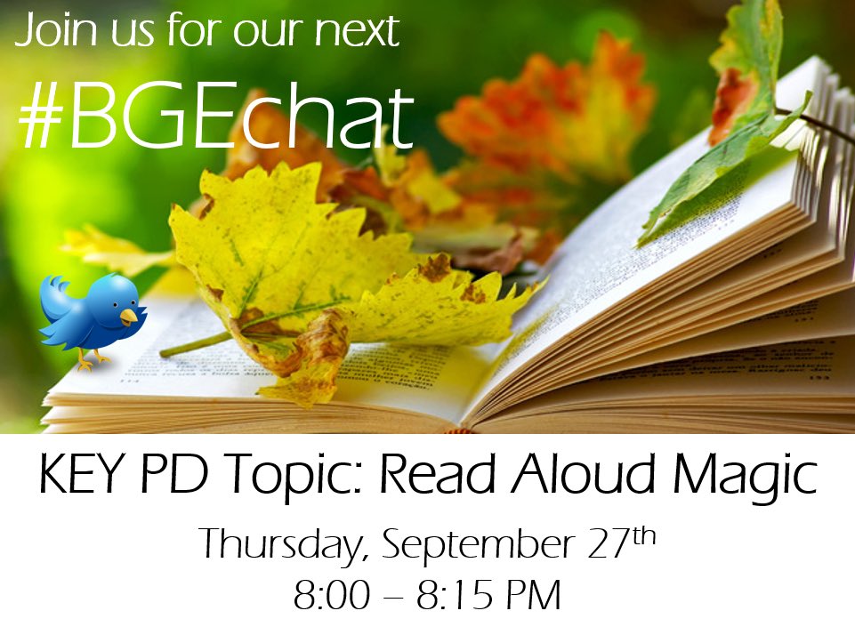 BGE_SDT's tweet photo. Hoping to connect w/ you & share ideas about making magical read aloud experiences! 3 questions, 15 min tops, starting at 8:00 PM #BGEchat https://t.co/GX46aH7QVF