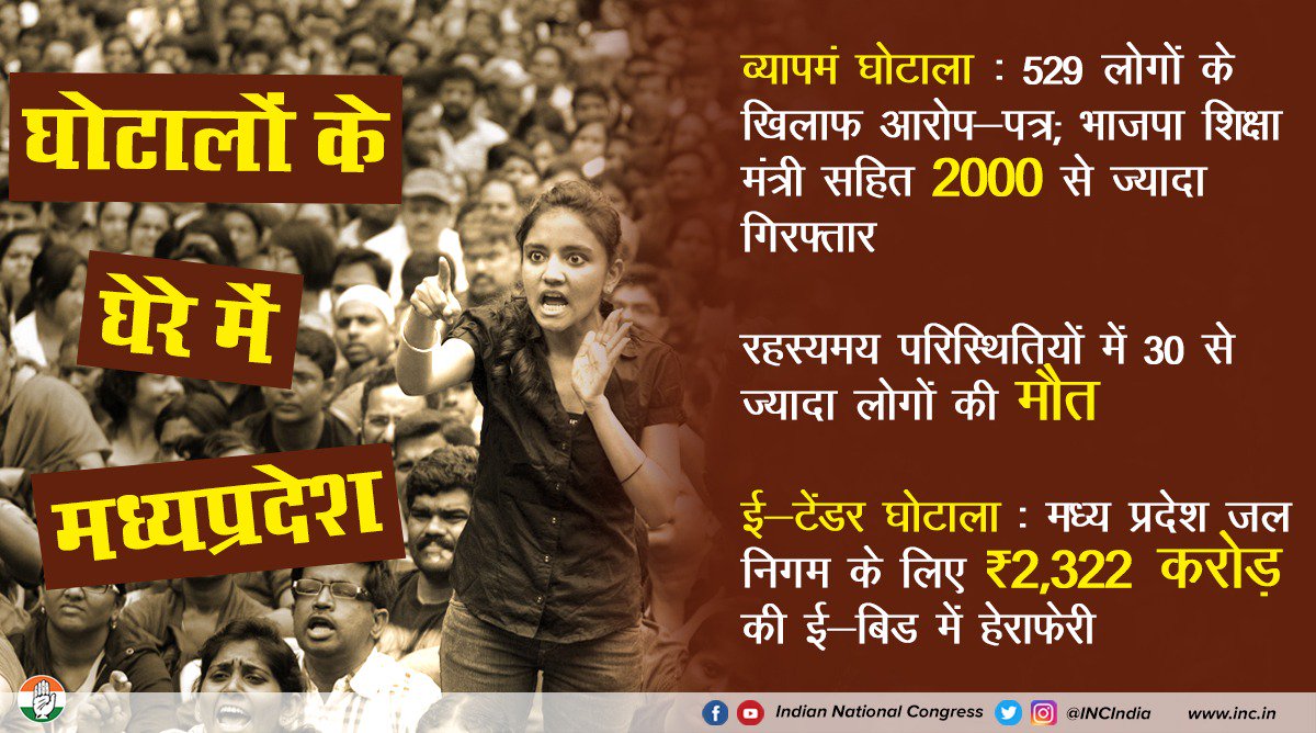SapnaJain09's tweet photo. व्यापमं घोटाले में अनगिनत संदिग्ध मौतें, ई-टेंडर में हजारों करोड़ का गबन शिवराज सरकार के भ्रष्ट चेहरे का जीता-जागता उदाहरण है। शिवराज में घोटालों ने MP को इस कदर घेरा है कि अब परिवर्तन ही प्रदेश का भाग्य बदल सकता है #BadlegaMadhyaPradesh https://t.co/H21IJ2pWmm @DrSanjeevRajp4