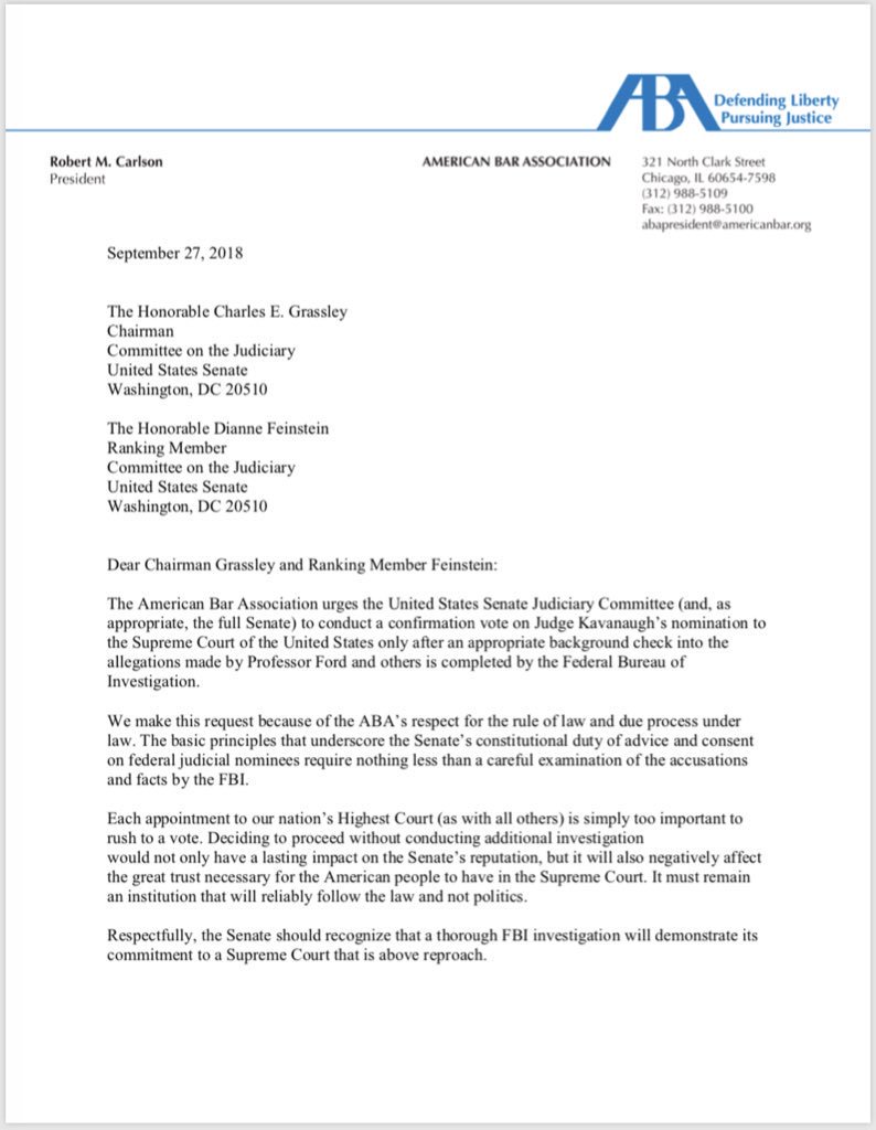 Kokomothegreat's tweet photo. Here is the letter from the American Bar Association in its entirety. They were touted and held out during the hearings bc they'd rated him qualified. They are now saying they should delay the vote. Pretty remarkable. https://t.co/WXTwdjqFRL
